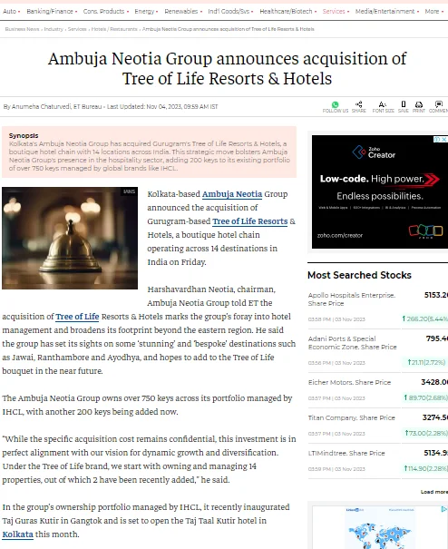 Ambuja Neotia Group announces acquisition of Tree of Life Resorts & Hotels