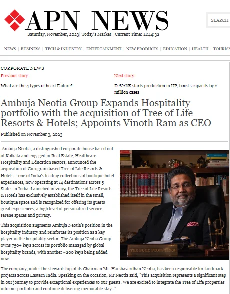 Ambuja Neotia Group Expands Hospitality portfolio with the acquisition of Tree of Life Resorts & Hotels; Appoints Vinoth Ram as CEO