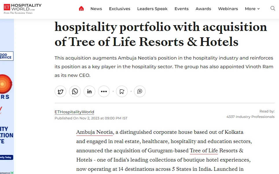 Ambuja Neotia Group expands hospitality portfolio with acquisition of Tree of Life Resorts & Hotels