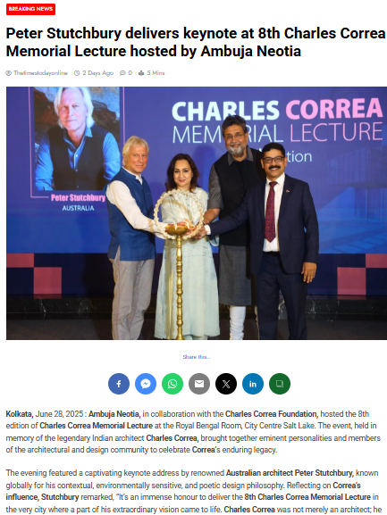 Peter Stutchbury delivers keynote at 8th Charles Correa Memorial Lecture hosted by Ambuja Neotia