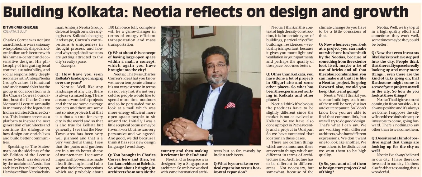 Building Kolkata : Neotia Reflects on design and growth - The statesman