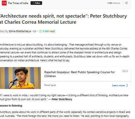 “Architecture needs spirit, not spectacle”: Peter Stutchbury at Charles Correa Memorial Lecture