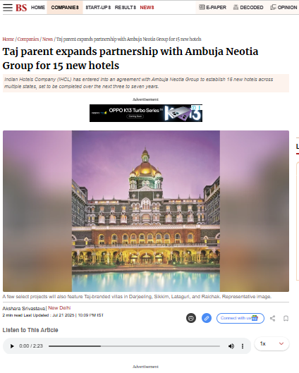 Taj parent expands partnership with Ambuja Neotia Group for 15 new hotels - Business Standard