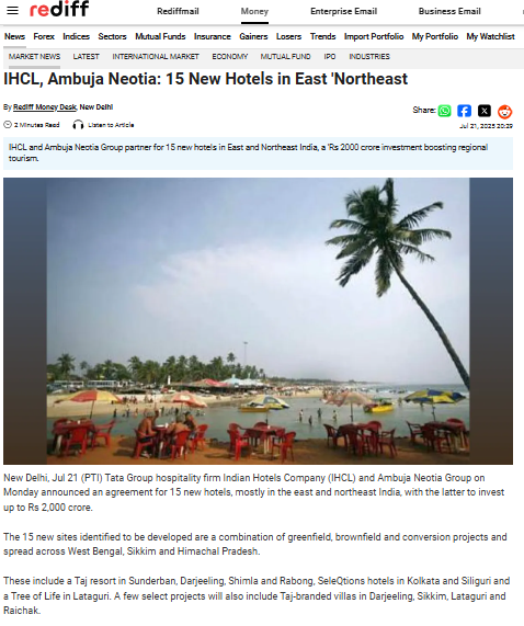 IHCL, Ambuja Neotia: 15 New Hotels in East 'Northeast - Rediff