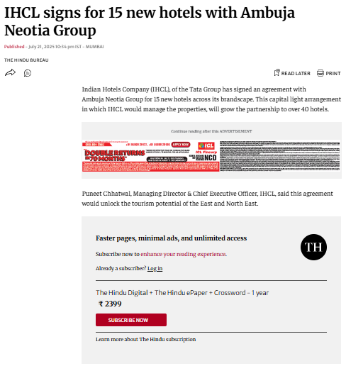 IHCL signs for 15 new hotels with Ambuja Neotia Group - The Hindu