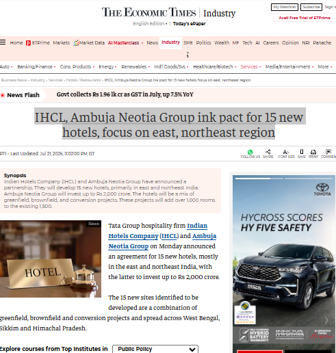 IHCL, Ambuja Neotia Group ink pact for 15 new hotels, focus on east, northeast region - The Economics Times