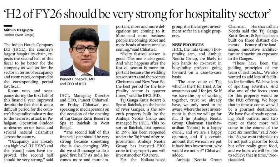 Second half of FY26 should be very strong for hospitality sector - The Hindu BusinessLine