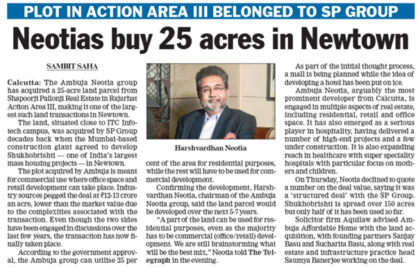 Ambuja Neotia buys 25 acre Newtown plot from Shapoorji Pallonji for development - The Telegraph