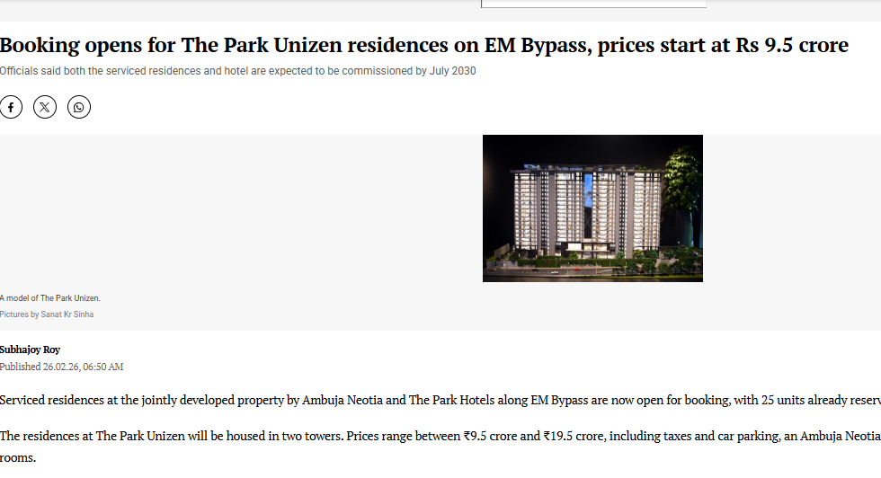 Booking opens for The Park Unizen residences - Telegraph India