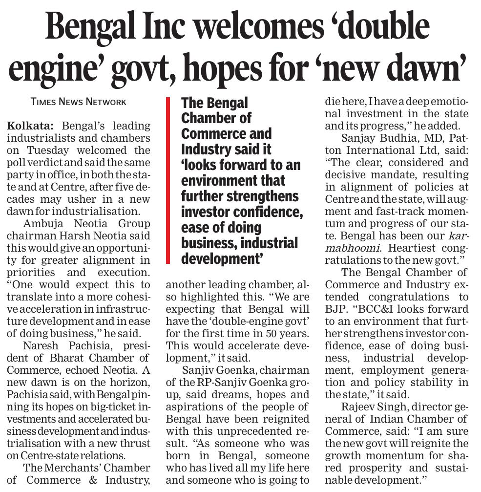 Bengal Inc welcomes 'double engine' govt, hopes for 'new dawn'