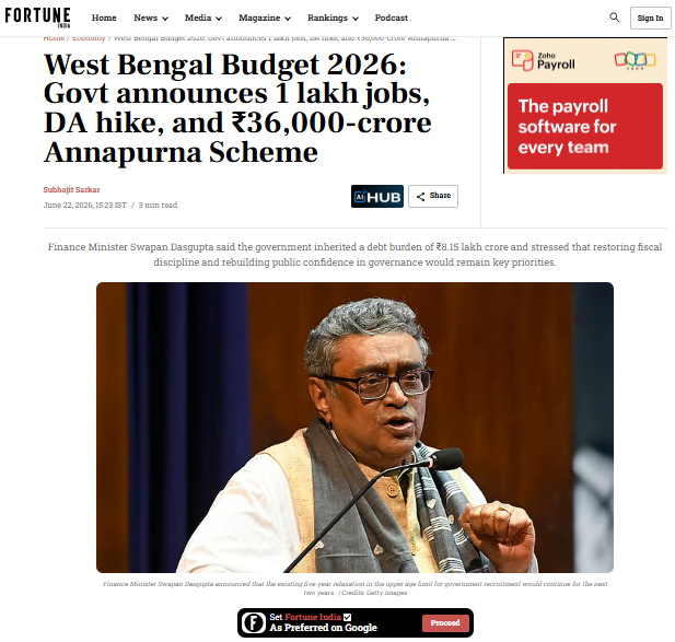West Bengal Budget 2026: Govt announces 1 lakh jobs, DA hike, and ₹36,000-crore Annapurna Scheme | Fortune India