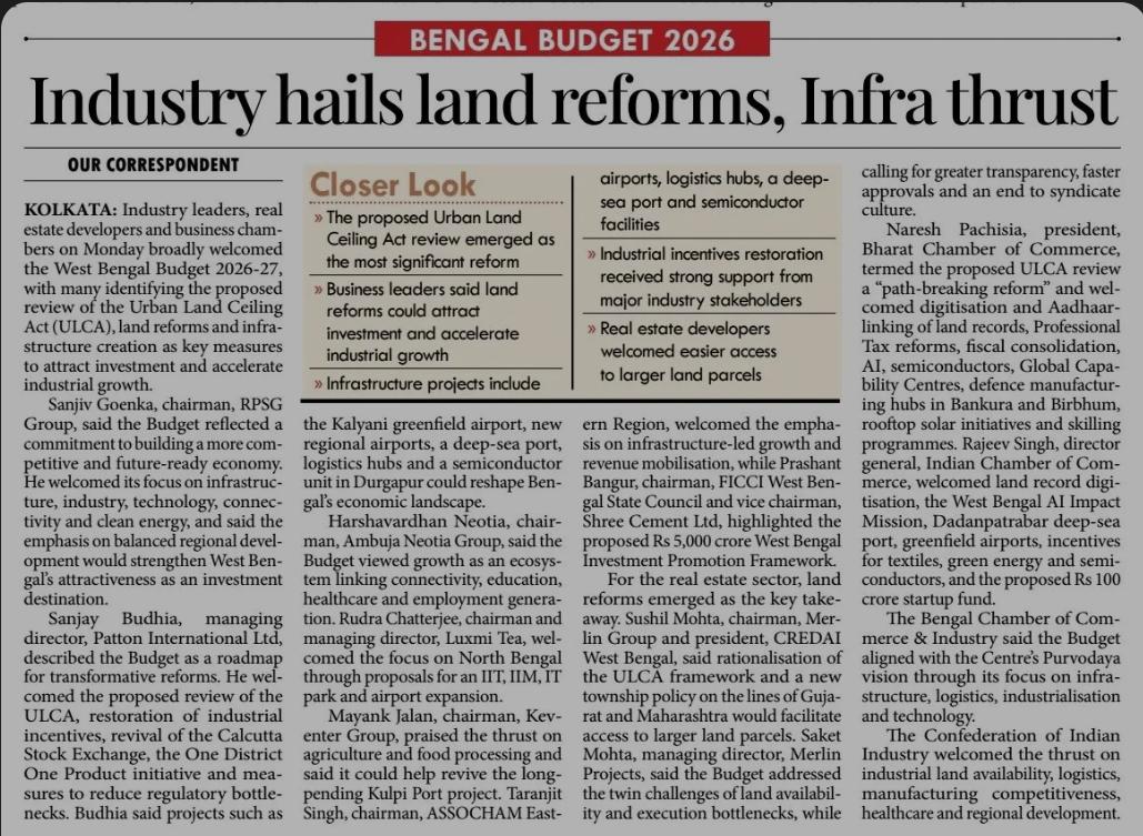 Industry hails land reforms, Infra thrust  - Millenium Post