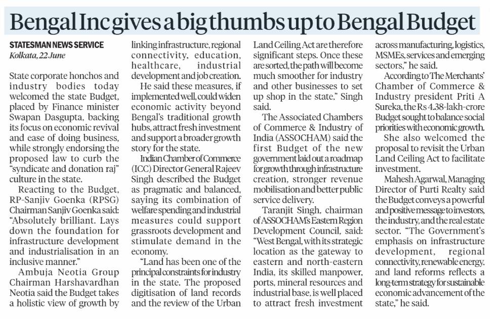 Bengal Incgives a big thumbs up to bengal budget -  The Statesmen